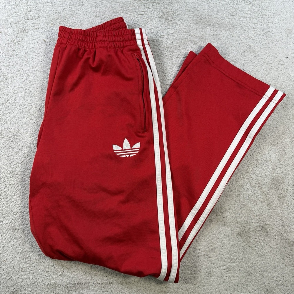 Adidas Sweatpants Men Small Red Drawstring Pocket 3 Stripe Gym Zip Ankle Trefoil